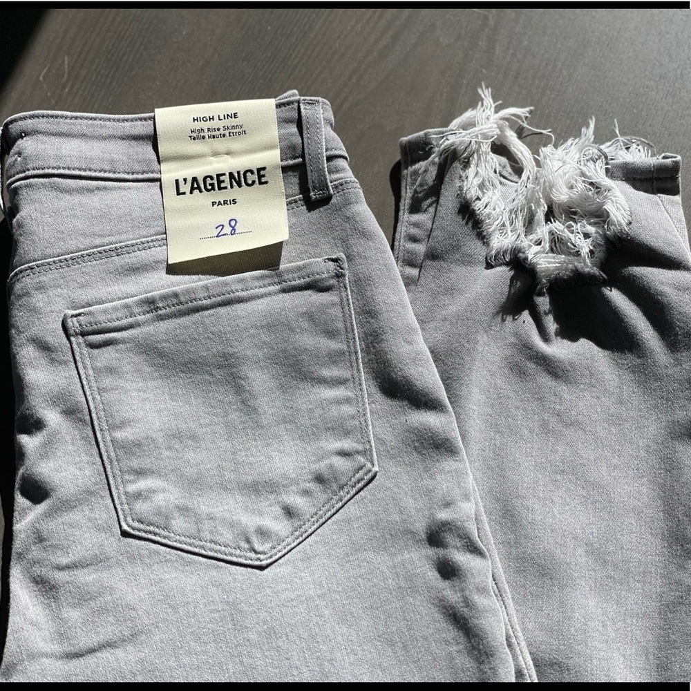 L’AGENCE High Line Skinny High Rise Jeans -Stone Grey Destruct Size 28-BRAND NEW